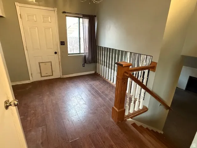 Entryway featuring wood-finish flooring, a white paneled door, and a window with a dark privacy curtain