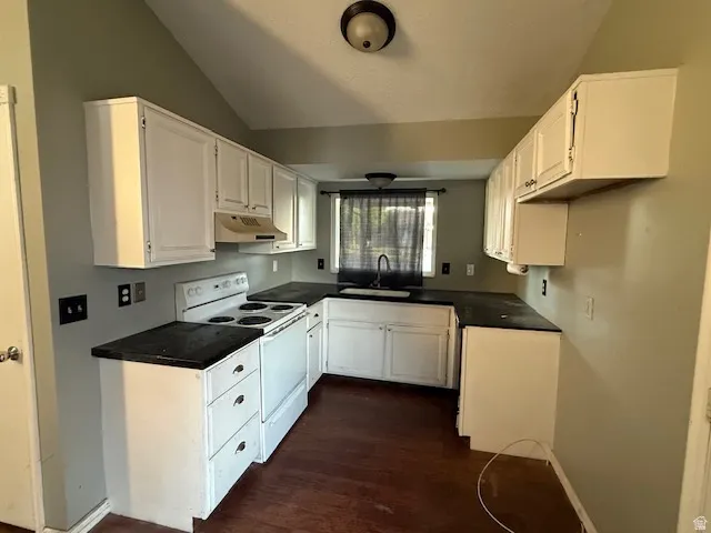 Kitchen with white cabinetry, dark countertops, and wood-finish flooring