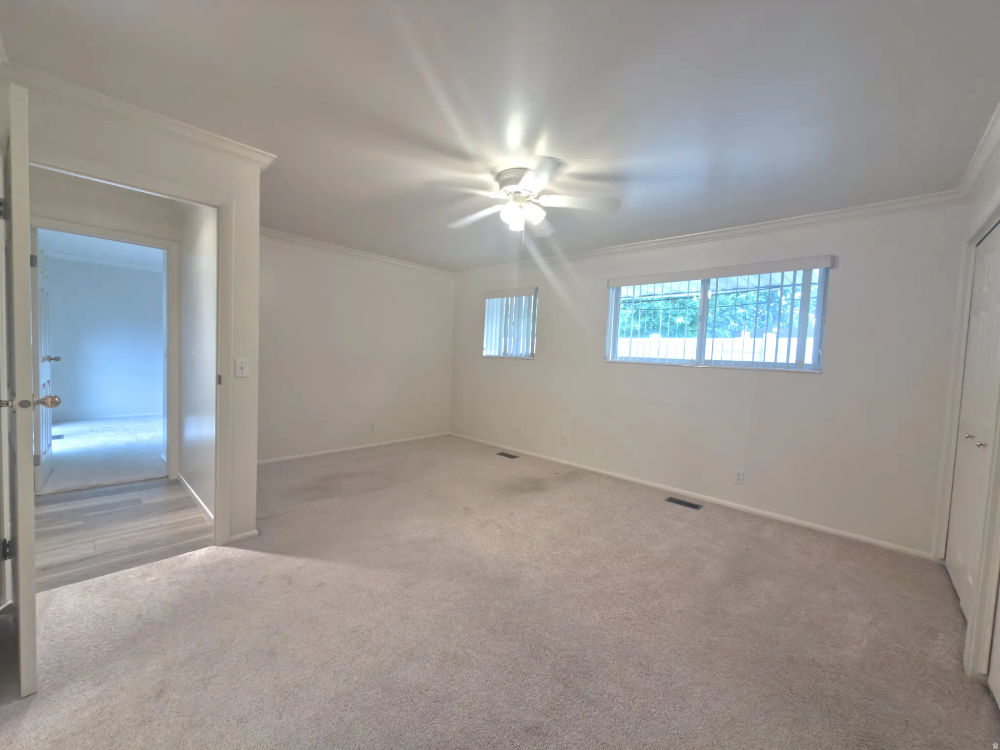 Spacious room featuring neutral carpeting, crown molding, a ceiling fan with integrated lighting, and multiple windows with horizontal blinds