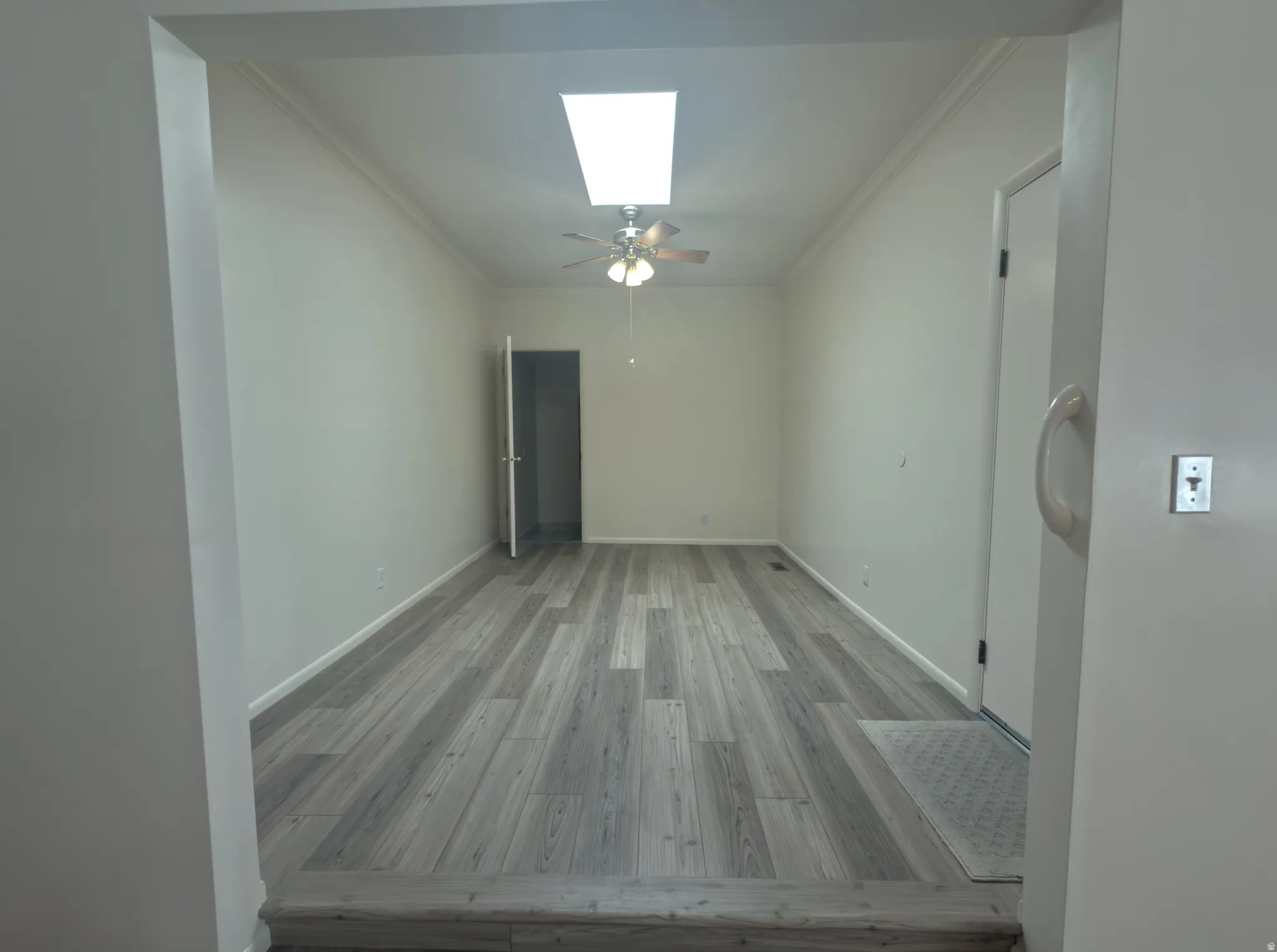 Long room featuring wood-finish flooring, a ceiling fan, crown molding, and a skylight