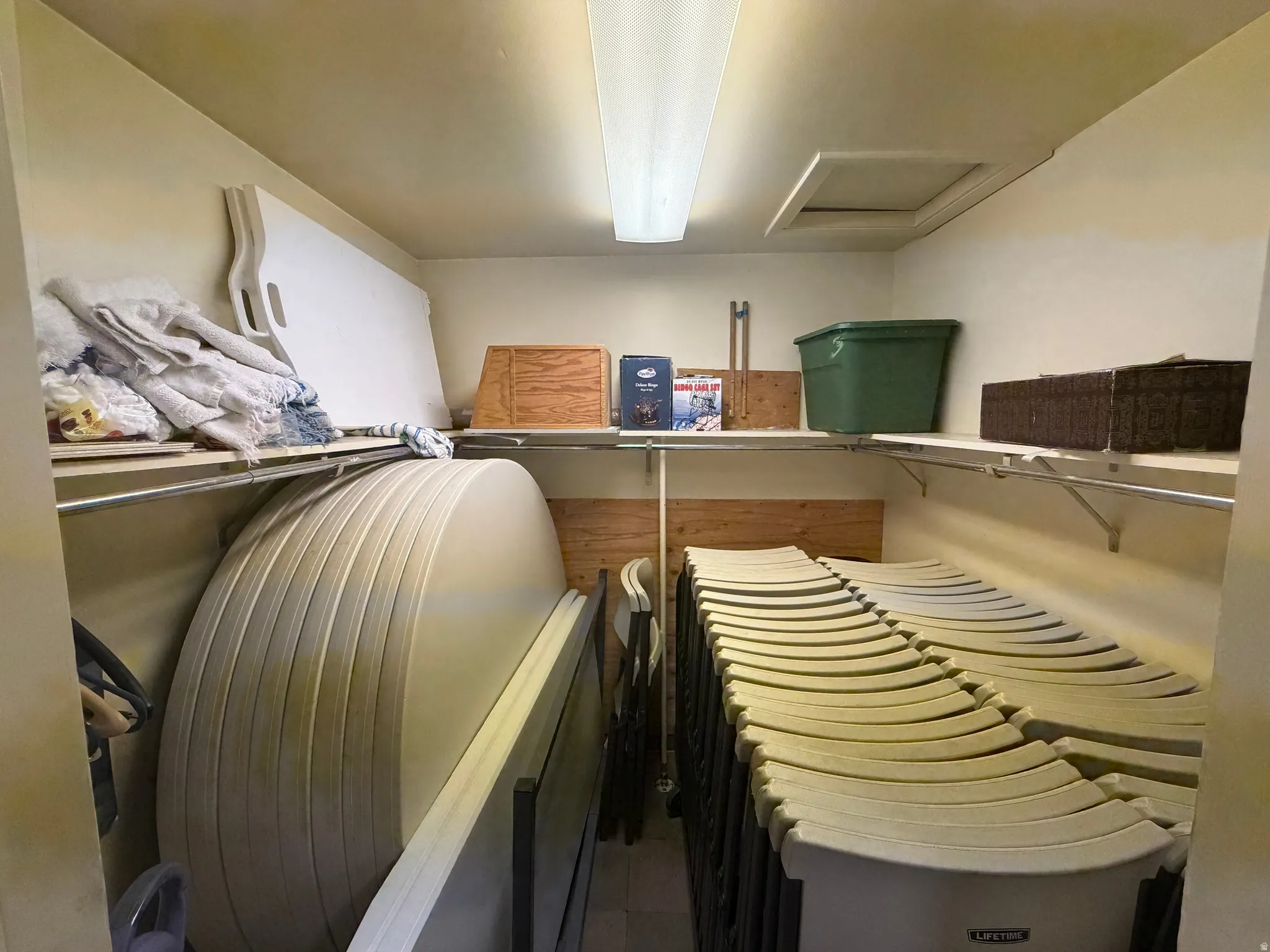 Club House Recessed storage area featuring multiple wall-mounted shelving units, a fluorescent light fixture, and an attic access panel