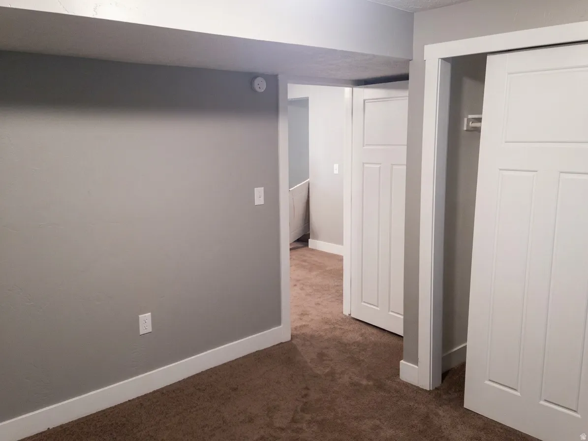 Interior space featuring gray painted walls, white trim, brown carpet, and two white panel doors