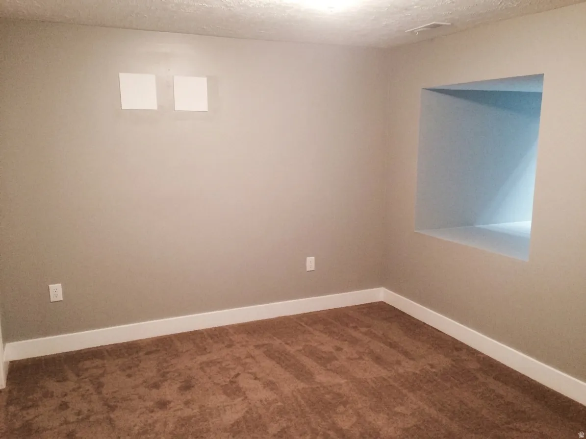 Neutral-toned wall paint with white baseboards and textured brown carpeting