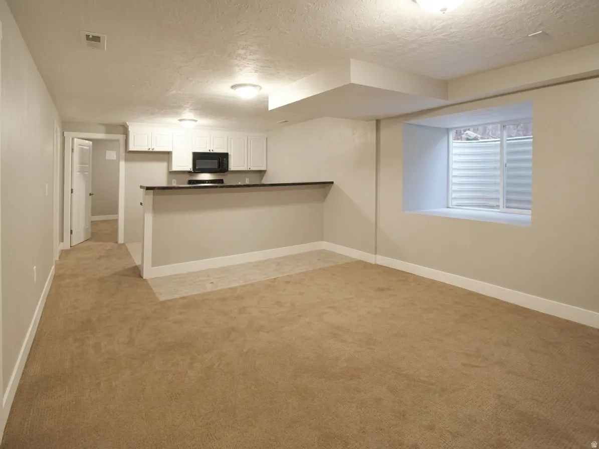 Finished lower level featuring a full-height ceiling, recessed window, and neutral carpeting