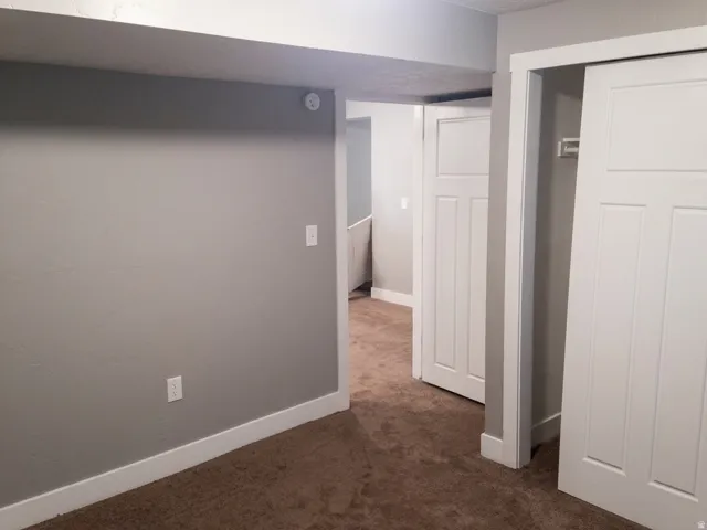 Interior space featuring gray painted walls, white trim, brown carpet, and two white panel doors