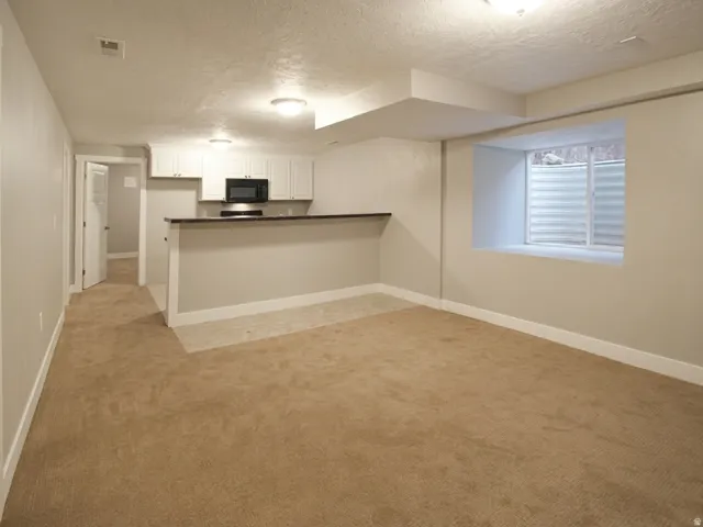 Finished lower level featuring a full-height ceiling, recessed window, and neutral carpeting