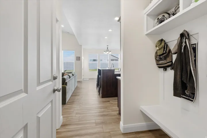 Entryway with built-in bench and shelving