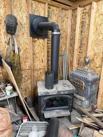 Wood-burning stove in garage