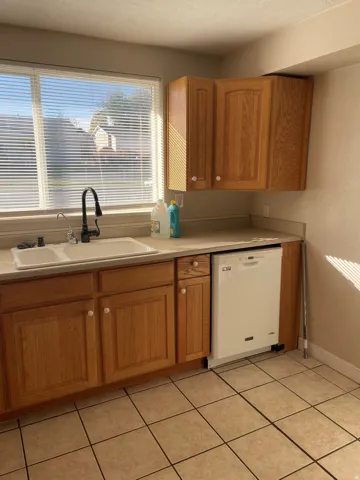 Kitchen featuring wood cabinetry, a double basin sink with a gooseneck faucet, light countertops, and tile flooring