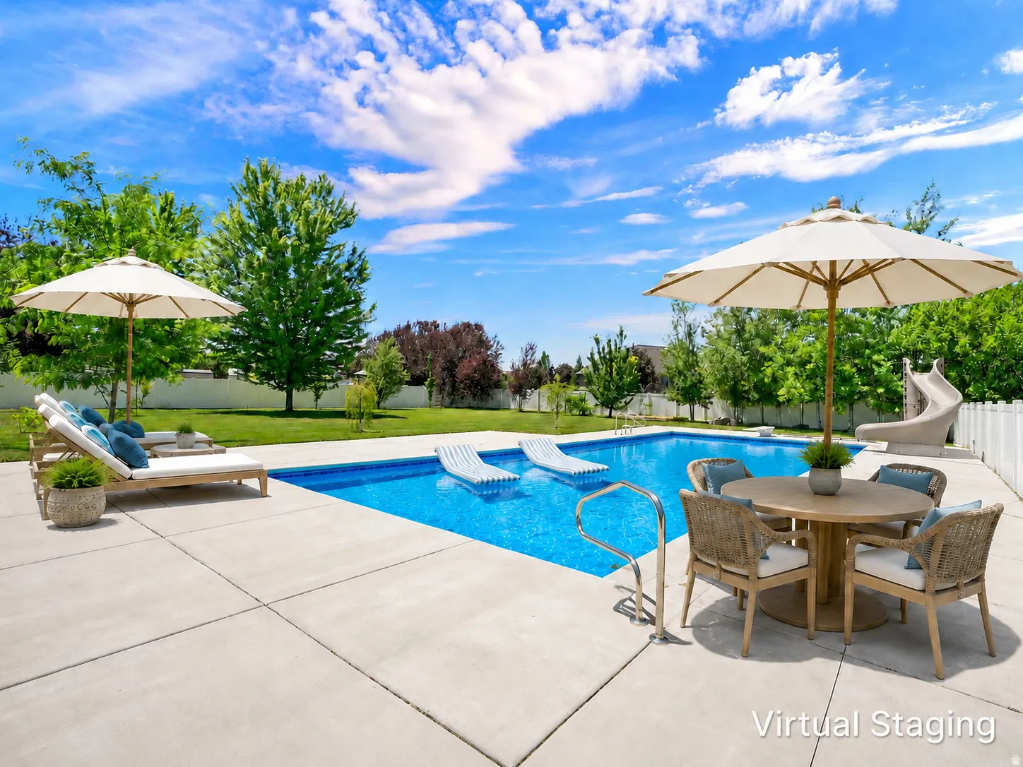Expansive backyard featuring a rectangular swimming pool with integrated slide, a concrete patio surround, and a manicured lawn