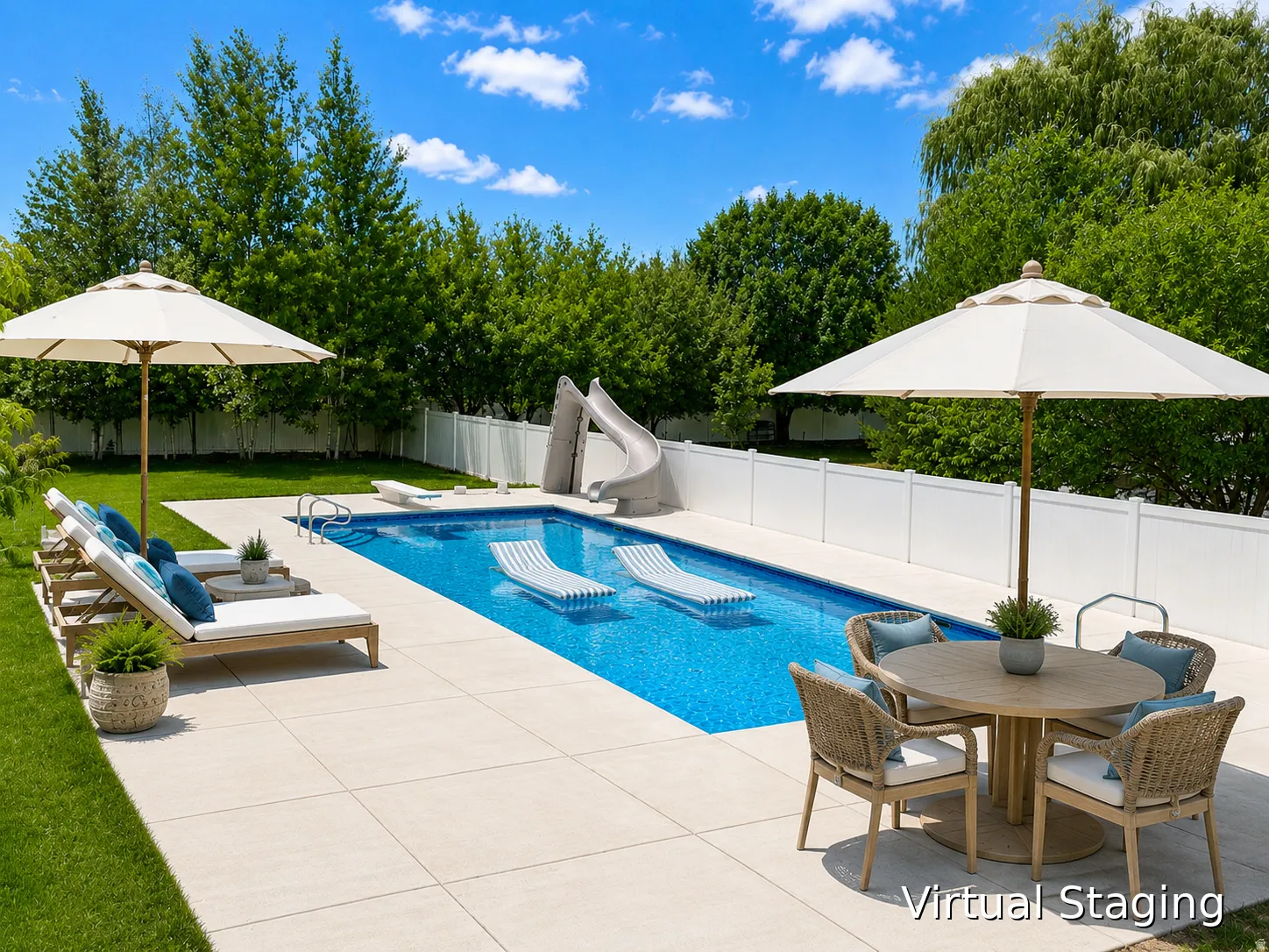 Inviting backyard oasis featuring a rectangular swimming pool with a slide, extensive paver patio, privacy fencing, and surrounding mature trees