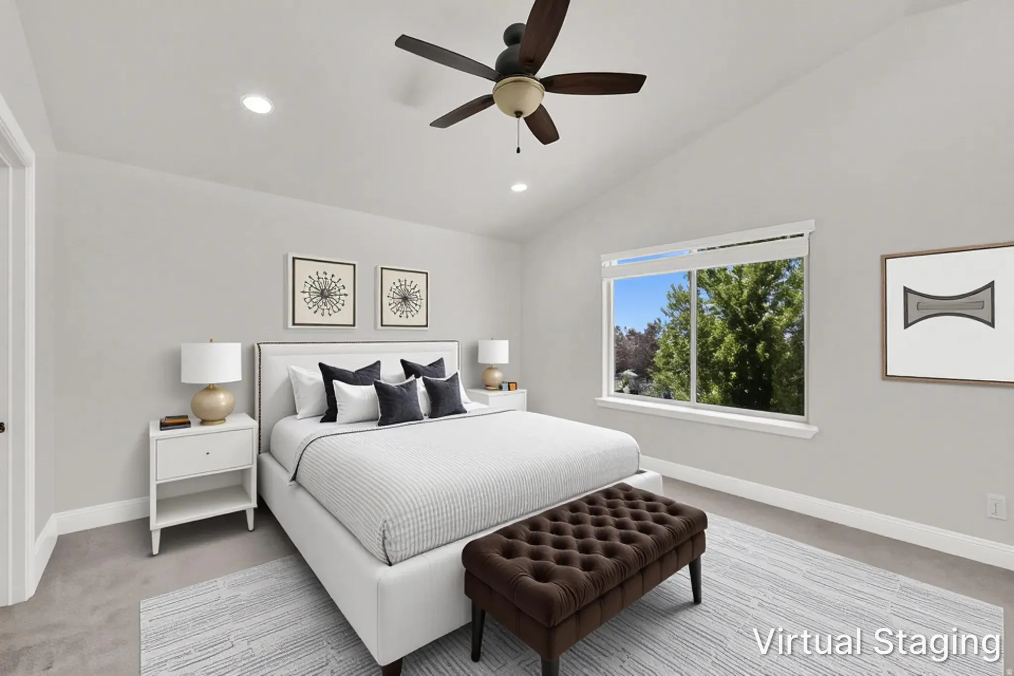 Vaulted ceiling bedroom featuring a ceiling fan with integrated lighting, recessed lighting, and a large window