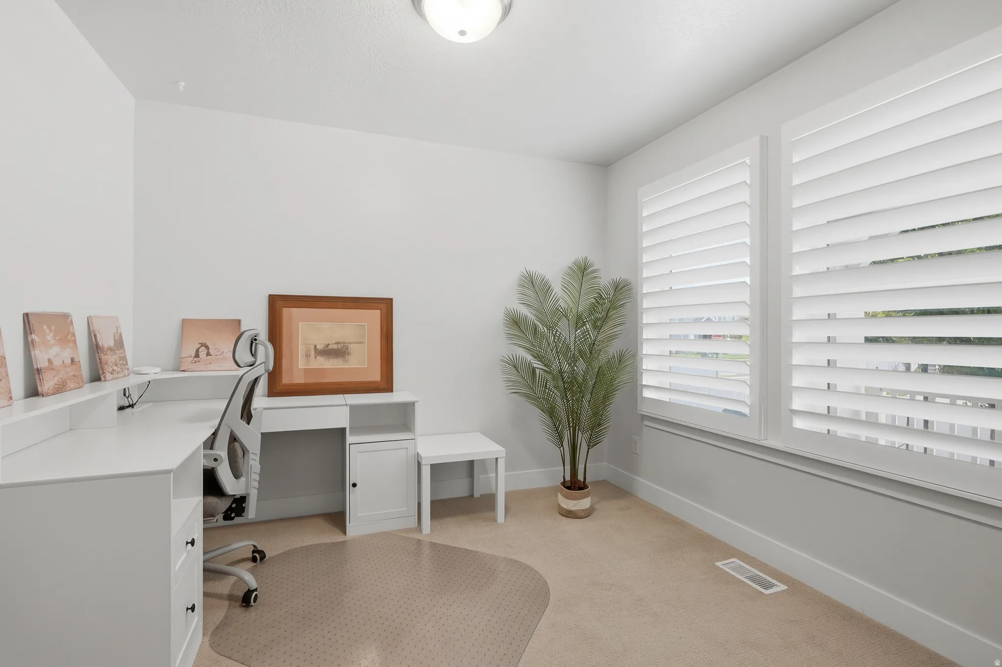 Bright room featuring twin windows with plantation shutters, neutral carpeting, white baseboards, and a flush-mount ceiling light