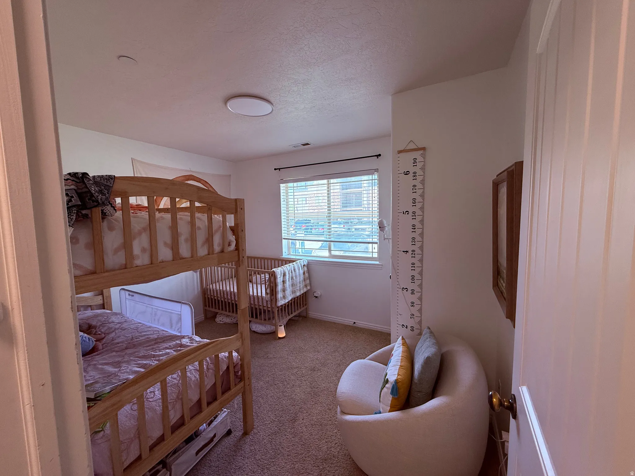 Carpeted bedroom with a window featuring blinds, a flush-mount ceiling light, and light-toned walls