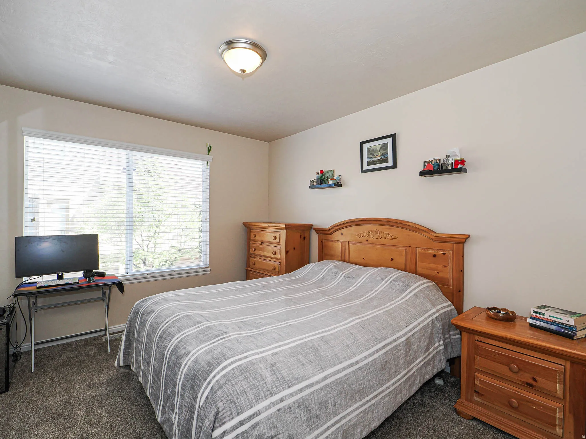 Bedroom featuring a large window with white blinds, neutral wall paint, textured carpet flooring, and a flush mount ceiling light fixture