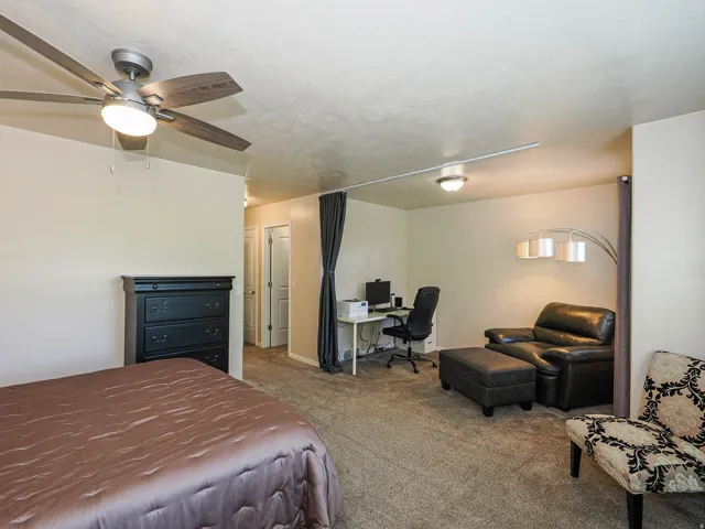 Carpeted bedroom area featuring a ceiling fan with integrated lighting, neutral wall tones, and a built-in wall partition
