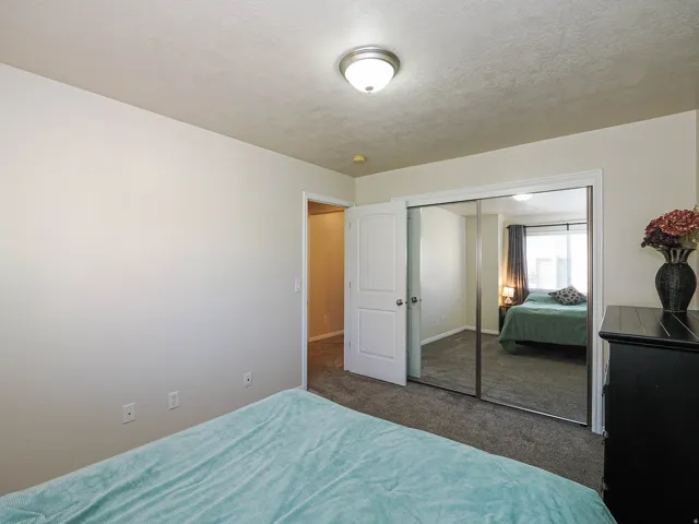 Bedroom featuring light neutral wall paint, grey carpet flooring, a flush-mount ceiling light fixture, and a closet with sliding mirrored doors