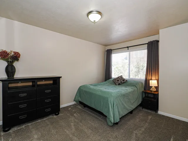 Neutral tone wall paint, textured ceiling, central ceiling light fixture, window with horizontal blinds, and carpeted flooring