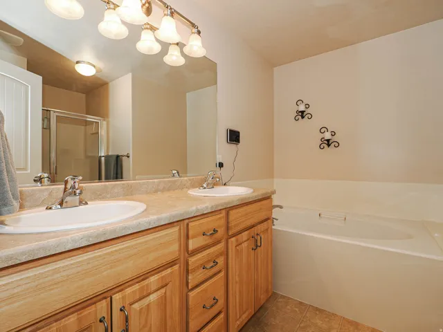 Bathroom featuring a double vanity with wood cabinetry, two undermount sinks, and a light-toned countertop