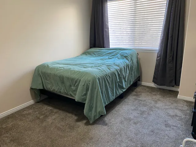 Carpeted room featuring a window with blinds and dark curtains, light-toned walls, and white baseboards