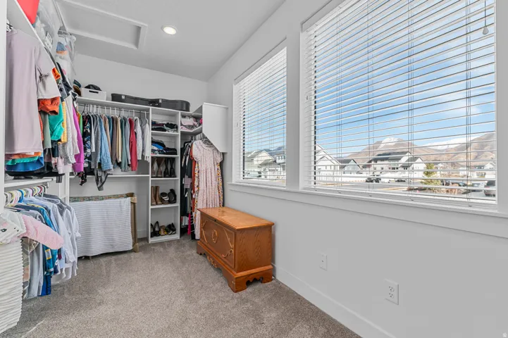 Spacious walk-in closet featuring extensive built-in shelving, hanging rods, and integrated storage