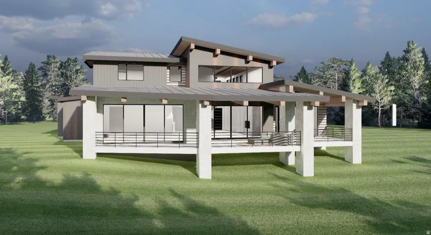Contemporary architectural design featuring a multi-level structure with a covered deck and prominent support columns
