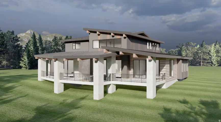 Contemporary multi-level residence featuring expansive windows, prominent concrete columns, and multiple exterior balconies with dark railings