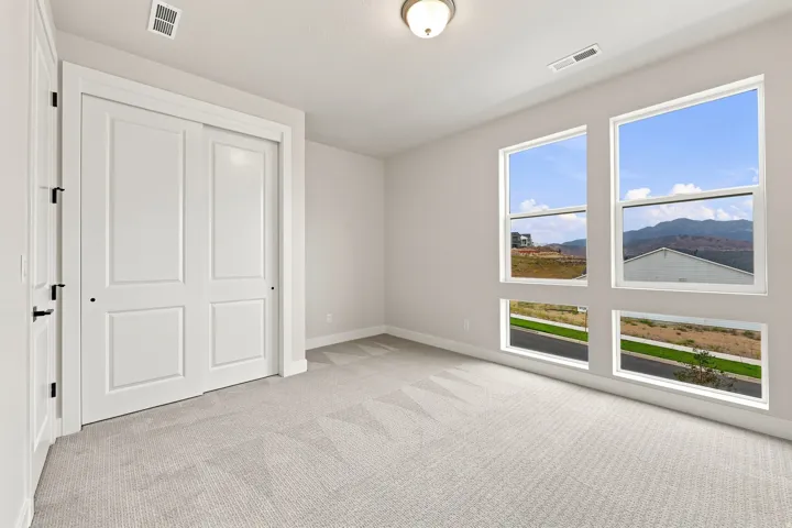 Light gray carpet flooring, white trim, sliding closet doors, ceiling-mounted light fixture, and multiple windows