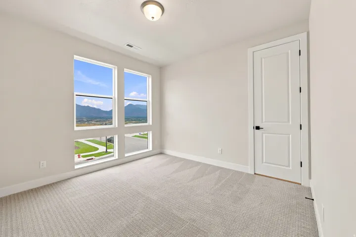 Spacious room featuring multiple windows with mountain scenery, neutral wall tones, textured carpet, a two-panel door with matte black hardware, and an overhead flush-mount light fixture