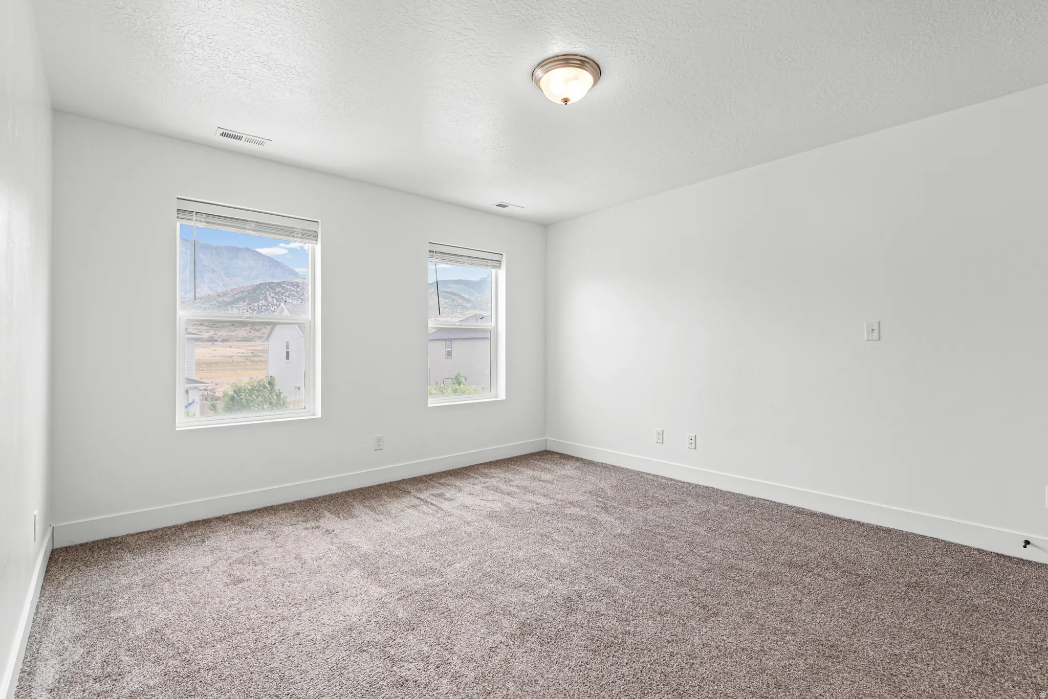 Spacious room featuring neutral carpeting, two large windows providing natural light, white walls, and a semi-flush mount ceiling light fixture