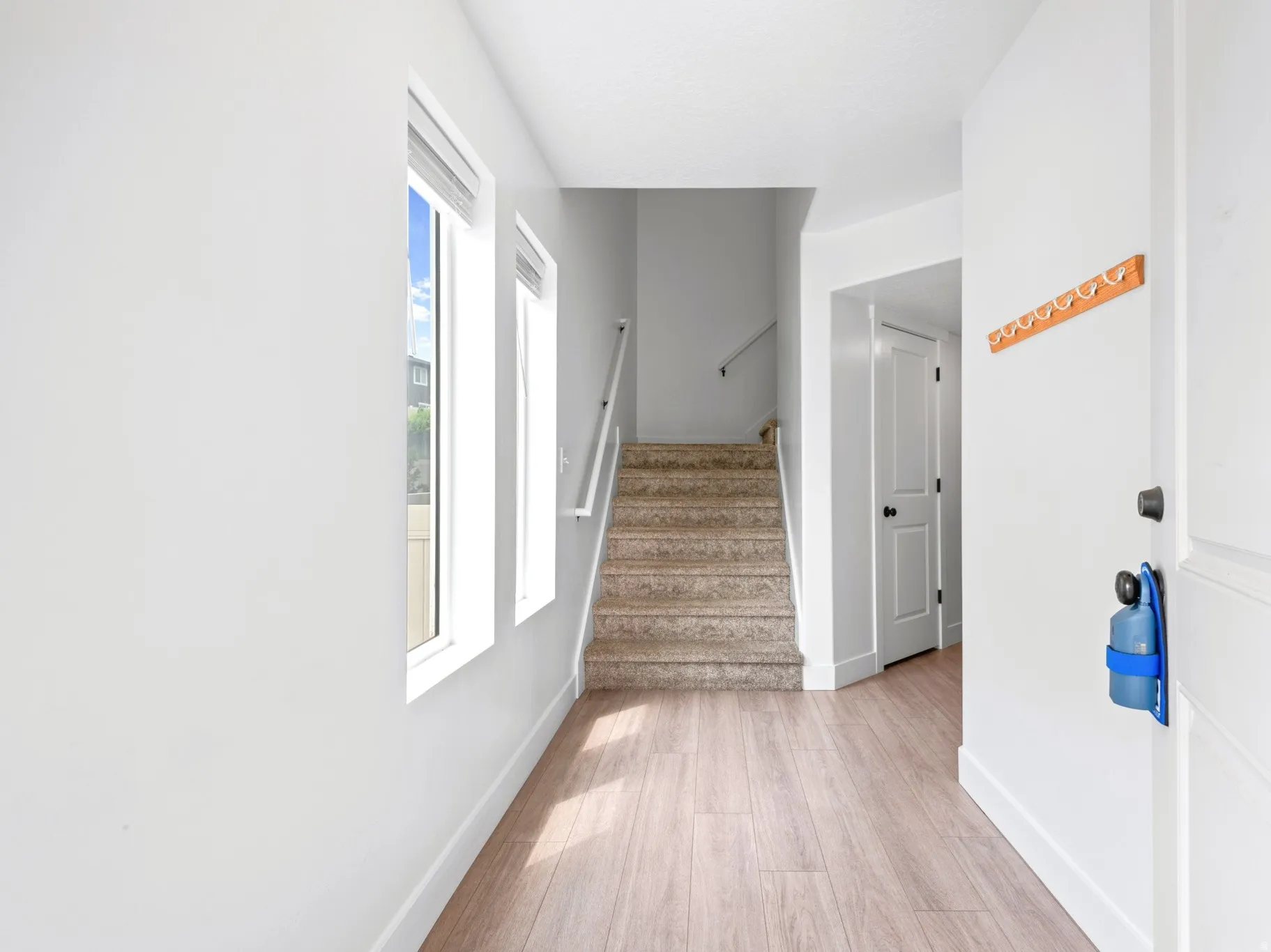 Inviting entryway featuring light wood-finish flooring, a white paneled door, and bright windows