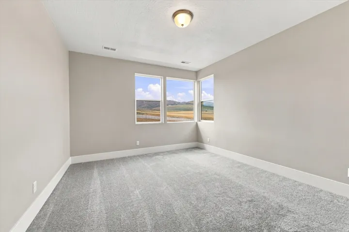 Neutral-toned walls complement the gray carpeting