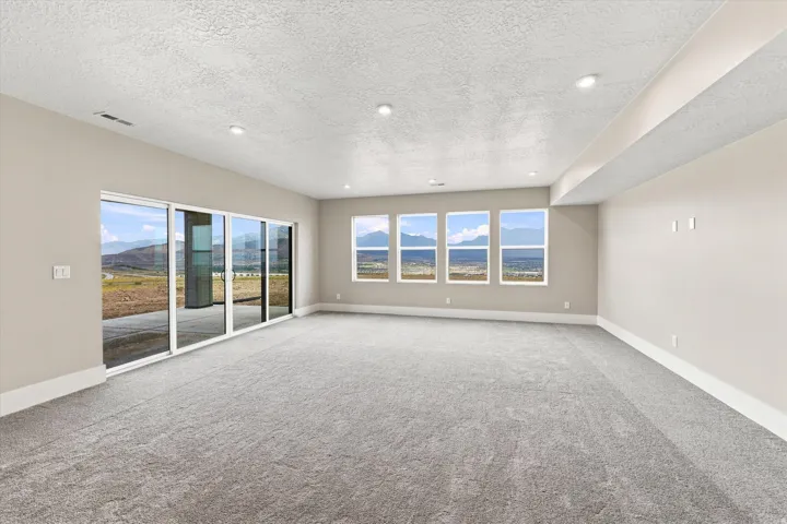 Spacious room featuring neutral carpeting, recessed lighting, and large sliding glass doors