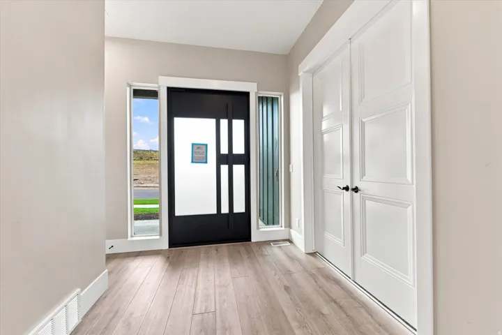 Modern entry door with frosted glass panels, wood-finish flooring, full-length sidelight, and white panel doors
