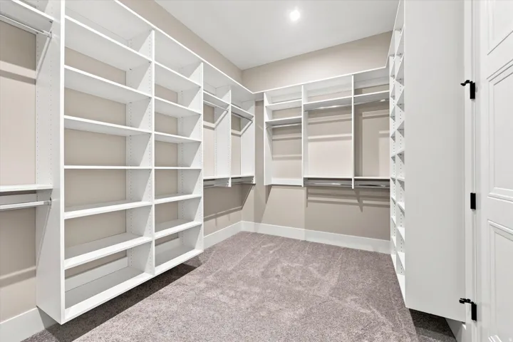 Built-in white shelving and hanging rods, recessed ceiling lighting, textured carpet flooring, and a paneled door with black hardware