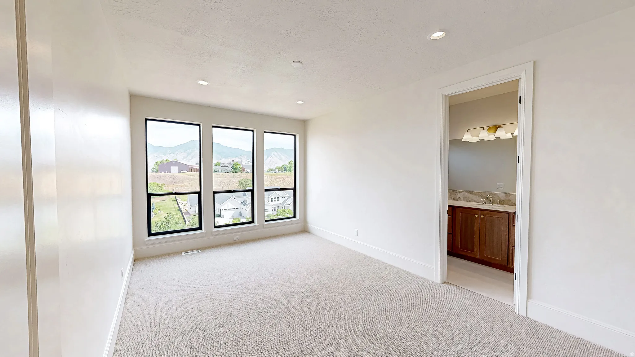 Spacious room with plush carpeting and three large windows featuring black frames