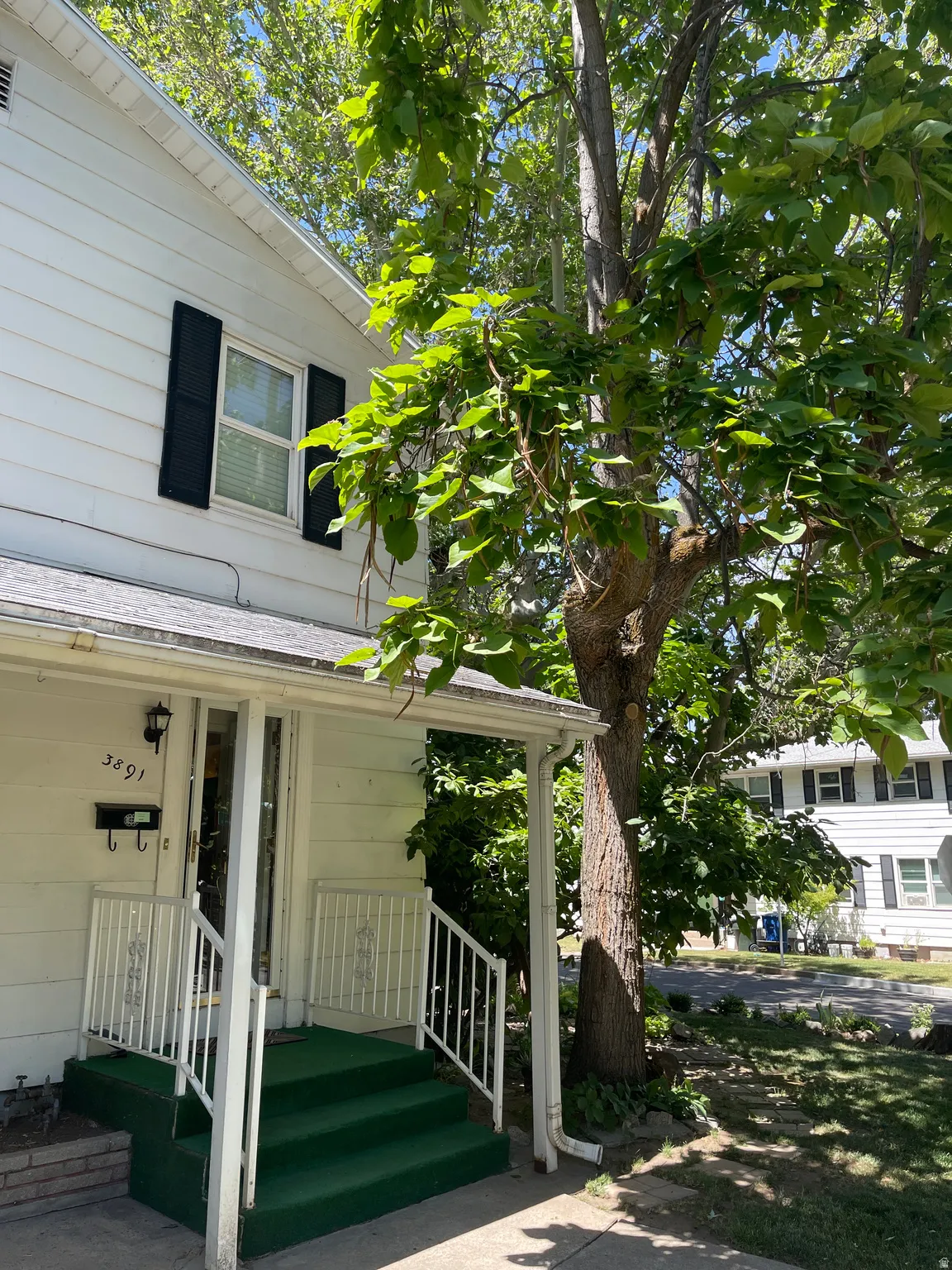 Front entry featuring a covered porch, white railing, and green steps