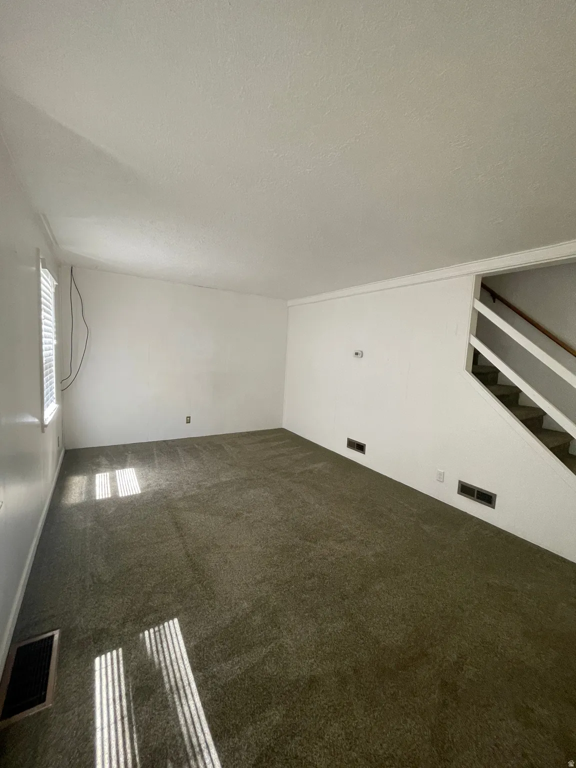 Spacious room featuring neutral carpeting, white walls, and a staircase with open risers