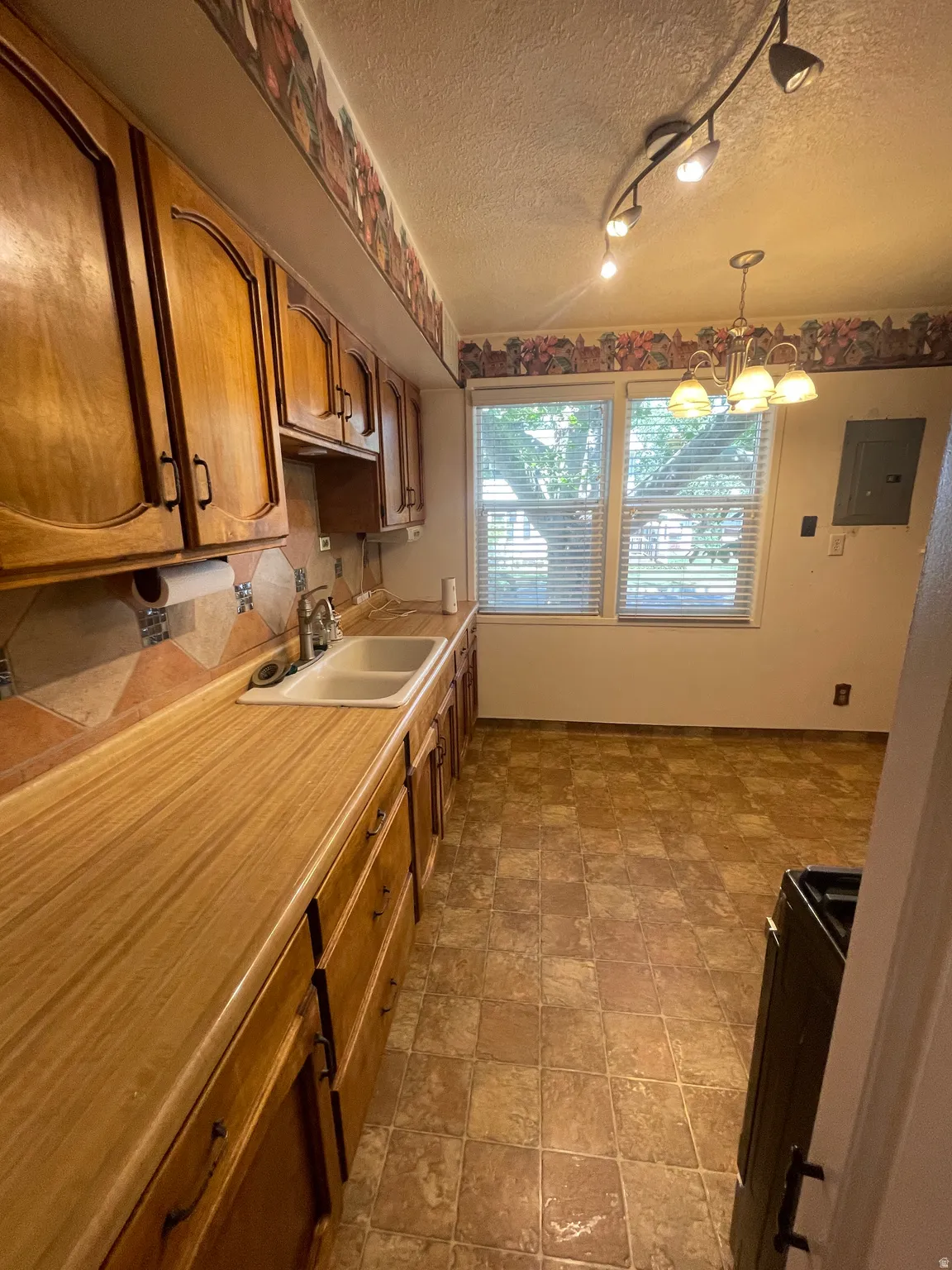 Kitchen featuring wood cabinetry, a double basin sink, tile backsplash, wood-finish countertops, and track lighting