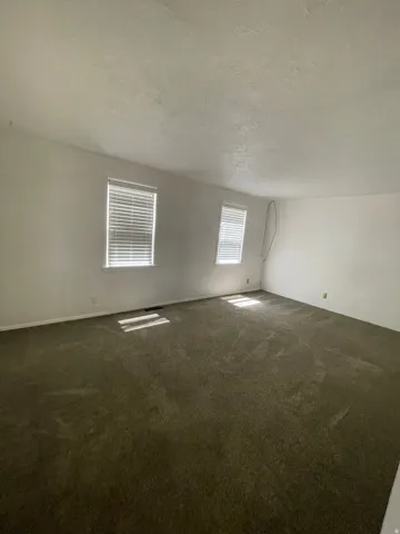 Spacious interior room featuring wall-to-wall carpeting and two windows with blinds