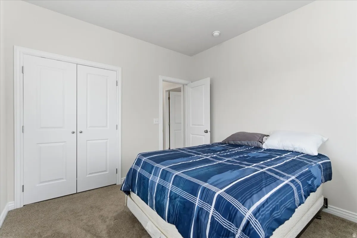 Light-filled room featuring neutral wall tones, textured carpeting, and white trim