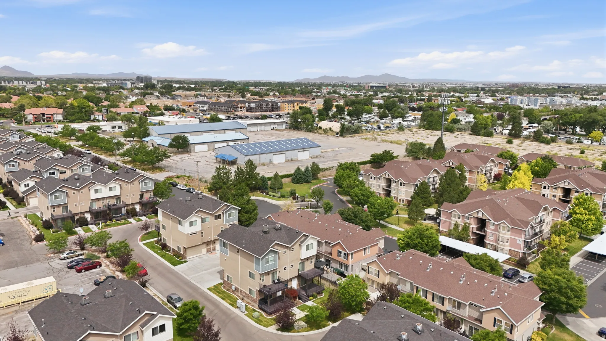 Aerial perspective showcasing a residential community with varied architectural styles