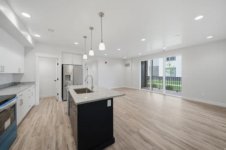 Spacious open-concept kitchen and living area featuring wood-finish flooring