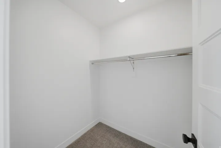 Recessed lighting illuminates this closet, featuring a single hanging rod, upper shelving, and carpet flooring