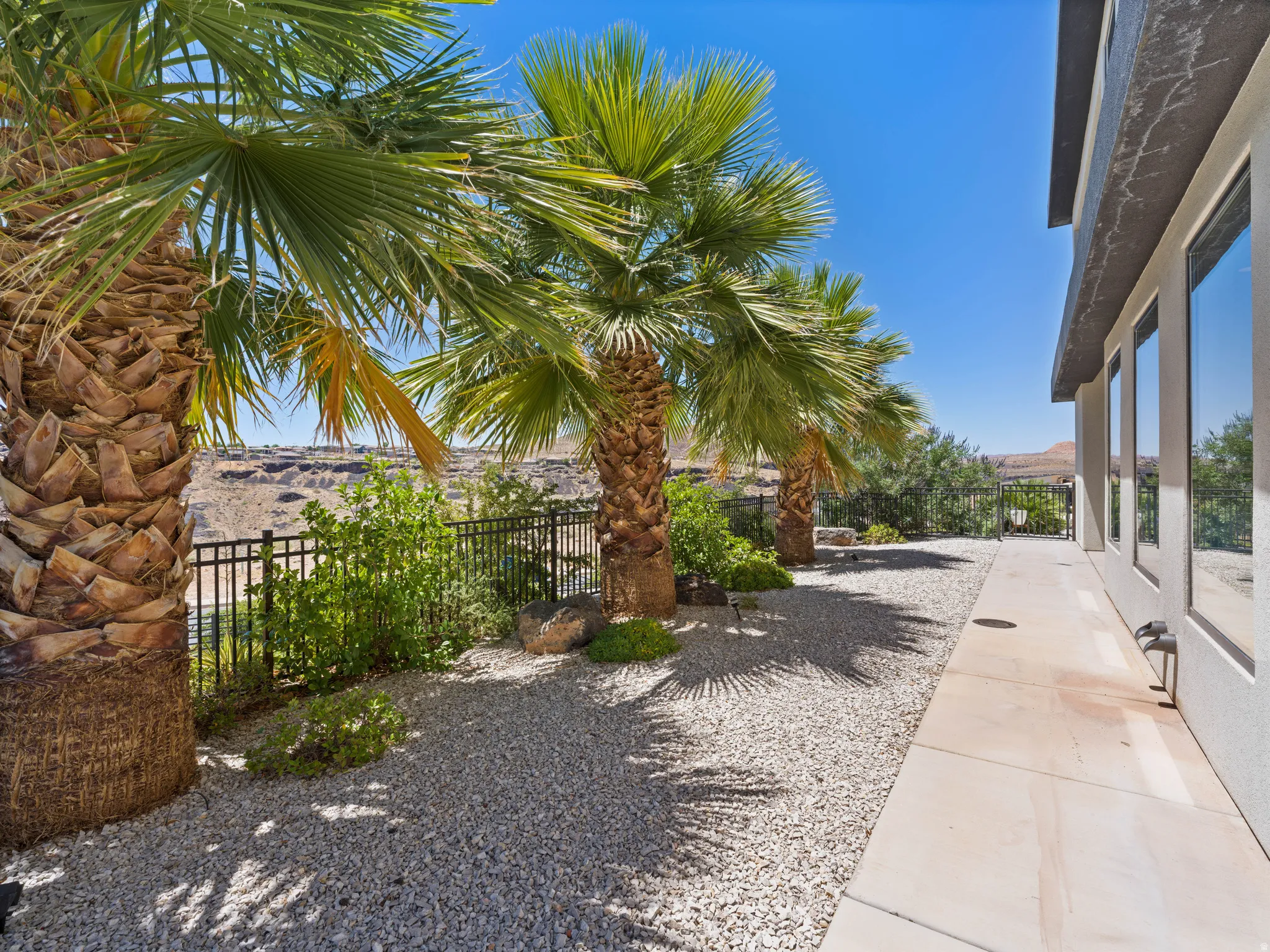 Exterior patio with a concrete walkway, gravel landscaping, and mature palm trees