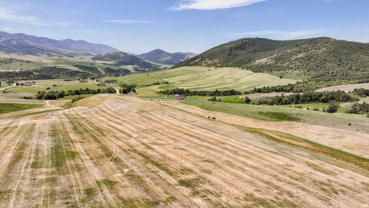 Expansive land parcel featuring a harvested field foreground, rolling green hills, distant mountains, and scattered trees