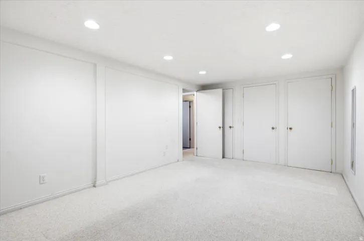 Room featuring light-toned carpeting, recessed ceiling lighting, and multiple white panel doors