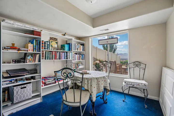 Room featuring a large window, built-in shelving, and blue carpeting