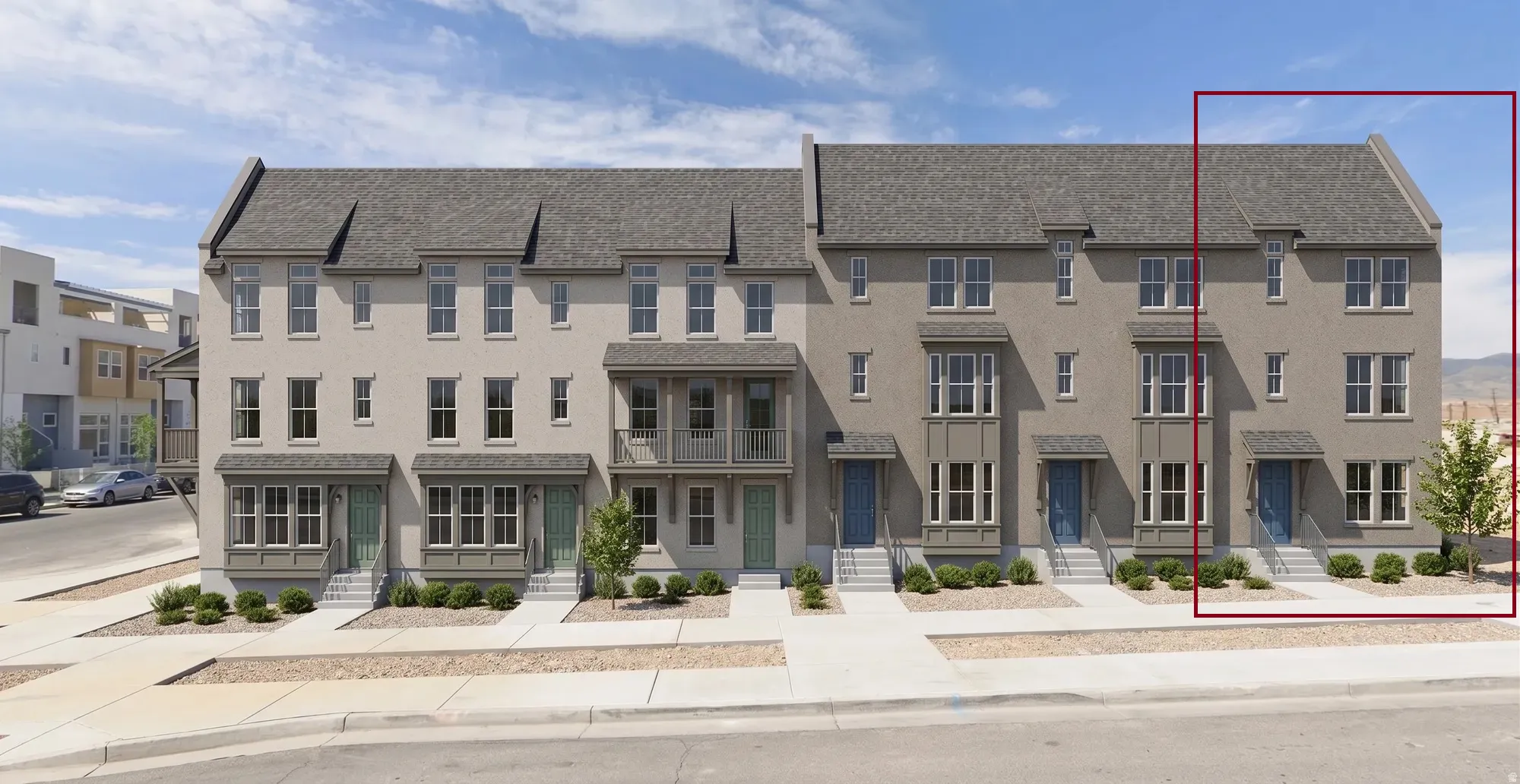 Three-story townhouse with a light stucco exterior and dark shingle roof