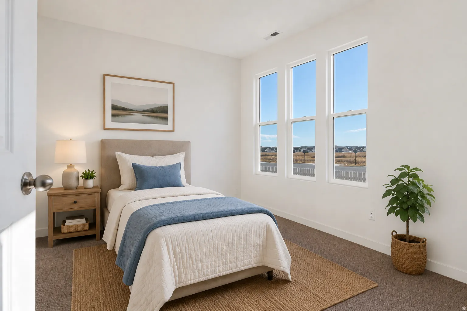 White walls complement the carpeted flooring in this room featuring three vertical windows